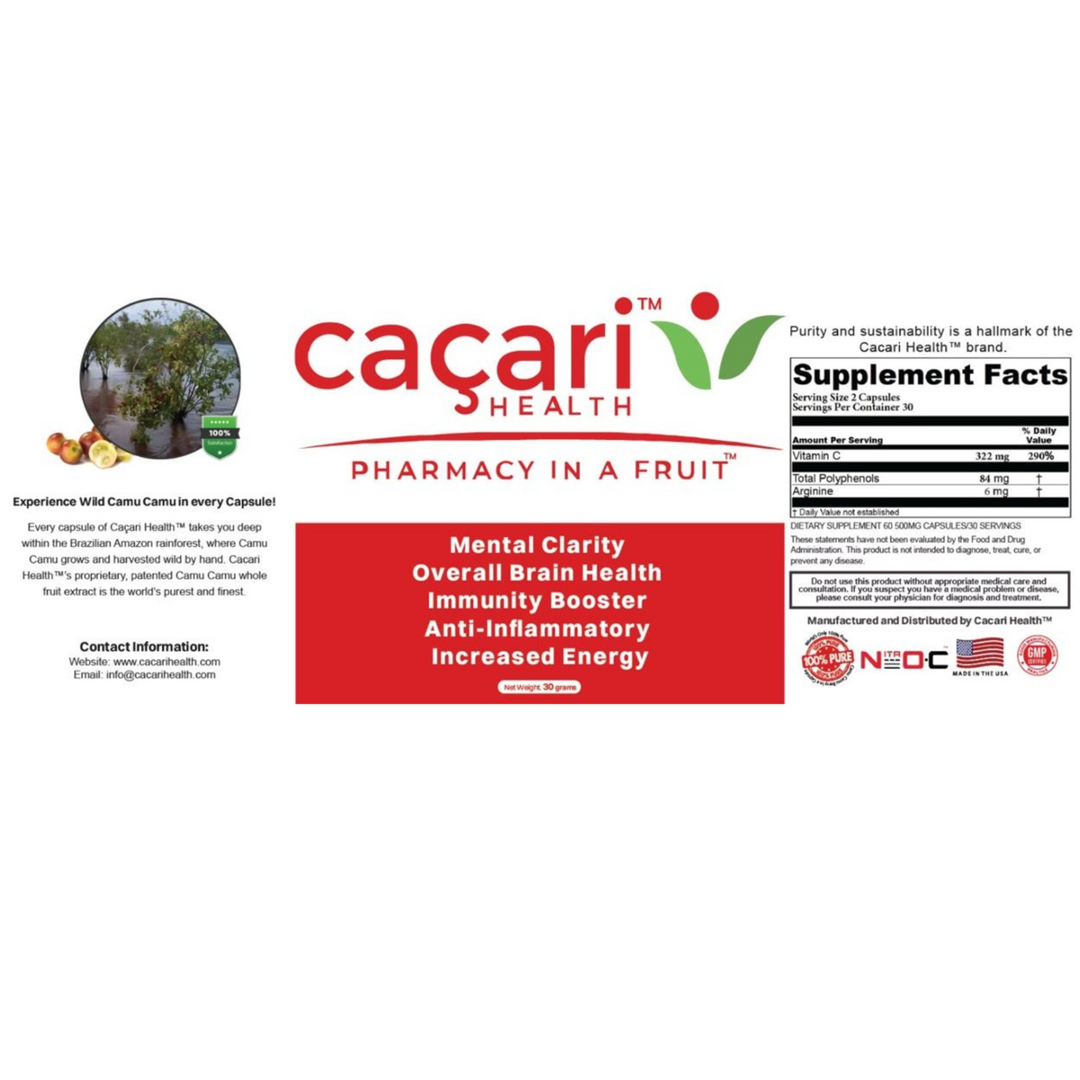 Caçari Health™ Camu Camu, 500mg 60 capsules/bottle