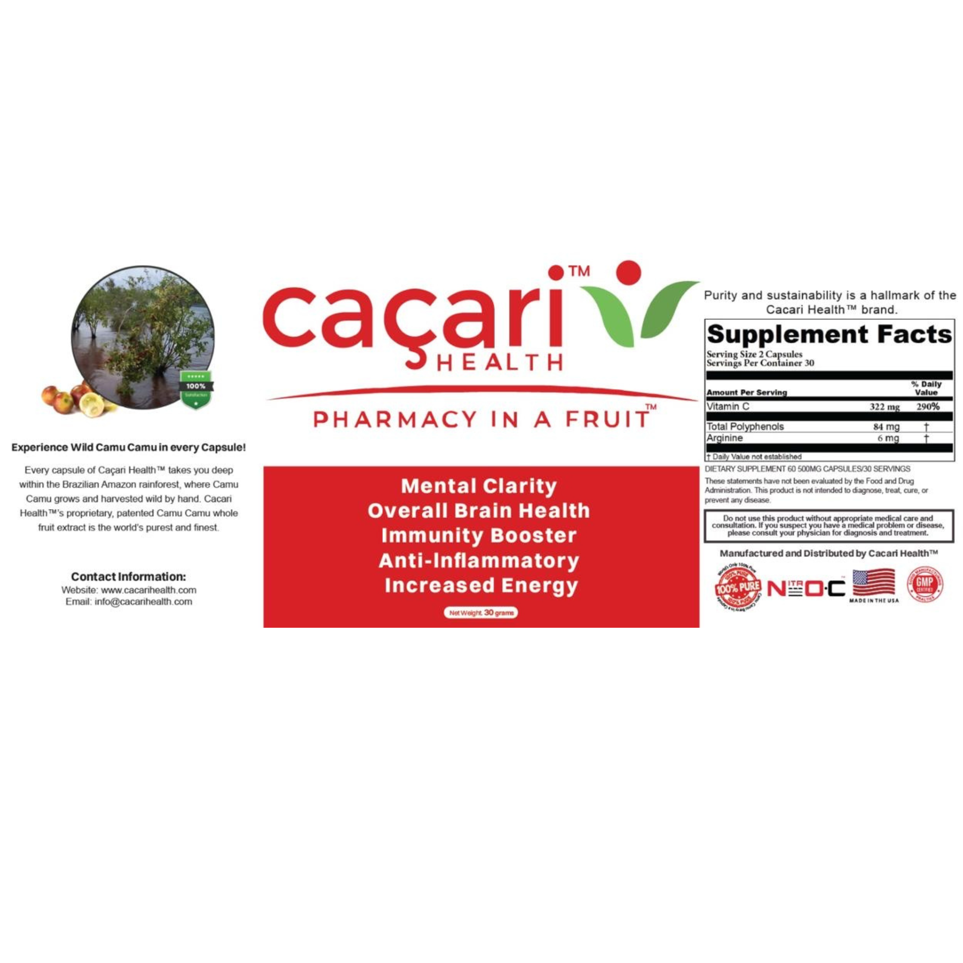 Caçari Health™ Camu Camu, 500mg 60 capsules/bottle